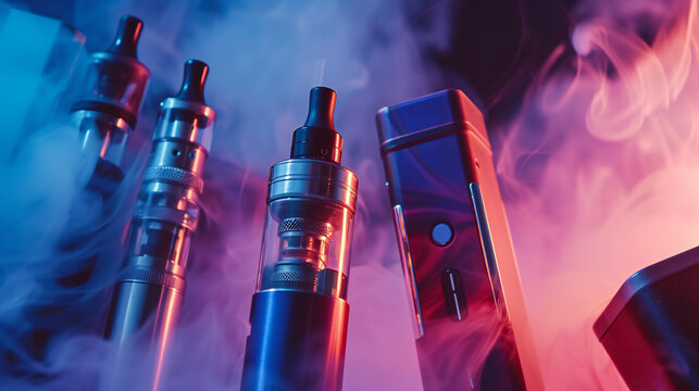 Synthetic nicotine concept. Various disposable electronic cigarettes. modern alternative smoking, vaping and nicotine