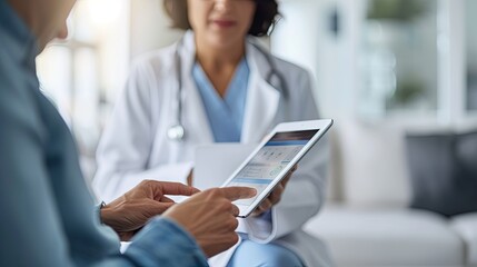 Obraz premium A friendly doctor in a white coat is having a positive conversation with a smiling female patient in a hospital room.