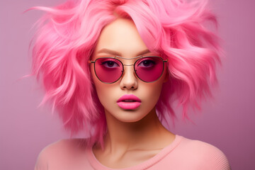 Portrait of pink haired stylish young woman with glasses