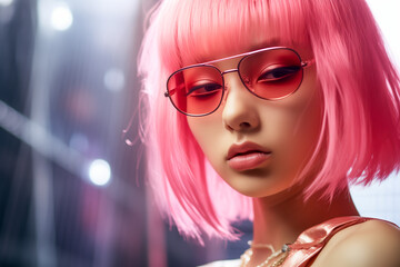 Portrait of pink haired stylish young woman with glasses