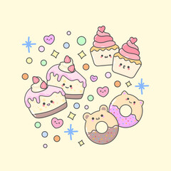 dessert cake pastry cupcake slice cake doughnut with cute facial expressions and pastel colour