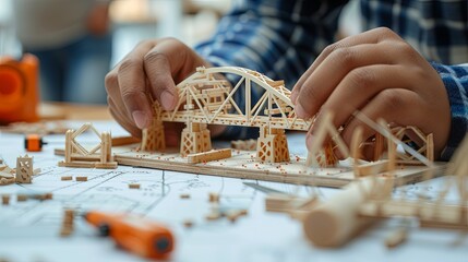 Hands of an aspiring architect meticulously working on a wooden model bridge, with blueprints and design tools in the background.