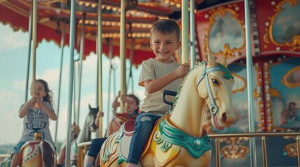 Cute kids having fun riding on a colorful carnival carousel