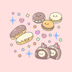dessert cake pastry eclair roll cake macaroon with cute facial expressions and pastel colour