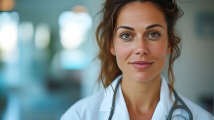Portrait of a smiling female doctor with a stethoscope in a bright medical office setting.