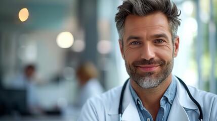 Fototapeta premium Portrait of a cheerful male doctor with a stethoscope in a well-lit, modern medical office setting.