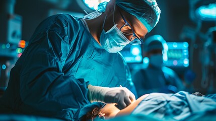 A team of surgeons in scrubs is focused on performing a surgical procedure under bright operating room lights, showcasing the intensity of medical operations. - obrazy, fototapety, plakaty