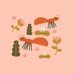 Vector illustration with an ant and flowers in a modern style. Perfect for decor and children's textiles