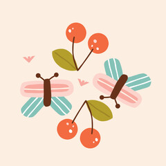 Vector illustration with butterflies and cherries in a modern style. Perfect for decor and children's textiles