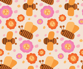 Vector pattern with a bee and flowers in a modern style. Perfect for decor and children's textiles