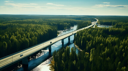 Obraz premium Aerial view of a bridge over a river in a forest