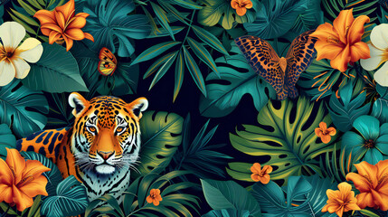 Tropical exotic pattern with leopard animal and flowers in bright colors and lush vegetation