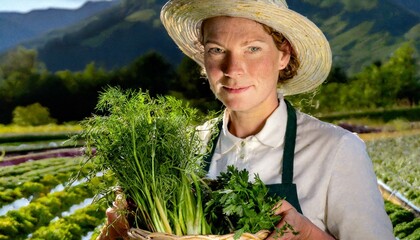 Kobieta stojąca na polu z koszykiem pełnym warzyw. W tle widać ogród warzywny - obrazy, fototapety, plakaty