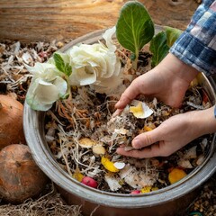 Przygotowanie kompostu. Dłonie mieszające kompost
