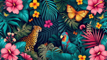Tropical exotic pattern with leopard animal and flowers in bright colors and lush vegetation - obrazy, fototapety, plakaty