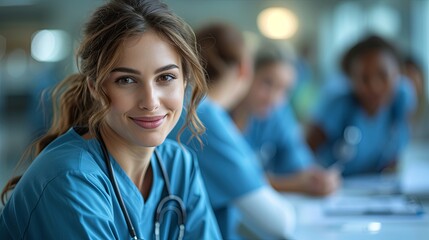 Portrait of a smiling female doctor with a stethoscope in a bright medical office setting.