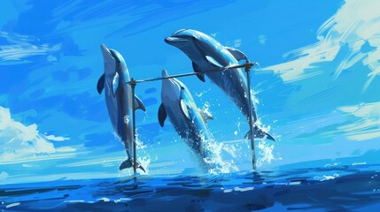 trio of dolphins leaping over a pole held by a trainer - obrazy, fototapety, plakaty