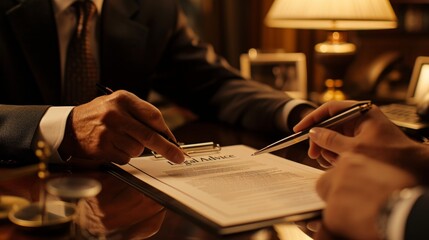 An attorney in a formal suit is shown giving legal consultation, with a document titled 'Legal Advice' on a polished wooden desk.