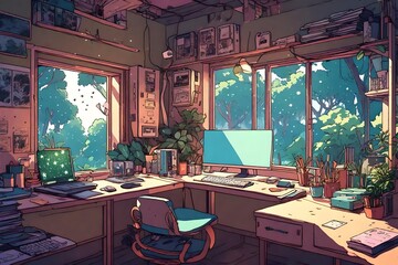 Lofi empty interior. Messy desk, window view of a forest, jungle. Anime, manga style. Colorful study lo-fi desk. Cozy chill vibe. Hip-hop atmoshperic lighs. Stars 4k wallpaper