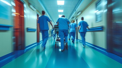 A medical team in scrubs urgently transports a patient on a stretcher along a hospital corridor, showcasing a high-pressure emergency situation.