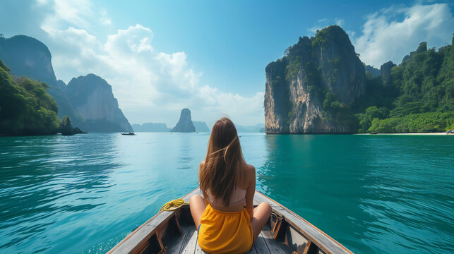 photo from the back, Woman travelling on the boat in Asia