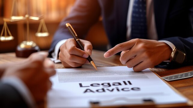 An attorney in a formal suit is shown giving legal consultation, with a document titled 'Legal Advice' on a polished wooden desk.