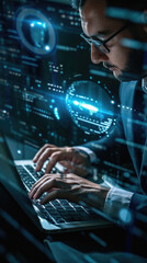 Close up of businessman hands typing on laptop keyboard in dark office with double exposure of padlock and binary code. Concept of cyber security.