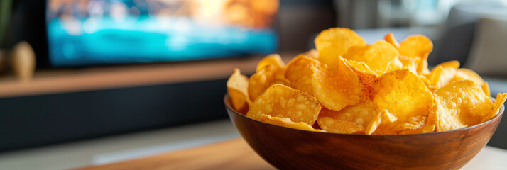 Bowl of chips in front of TV screen. Watching television at home.