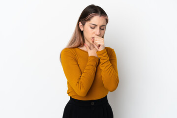 Young caucasian woman isolated on white background coughing a lot