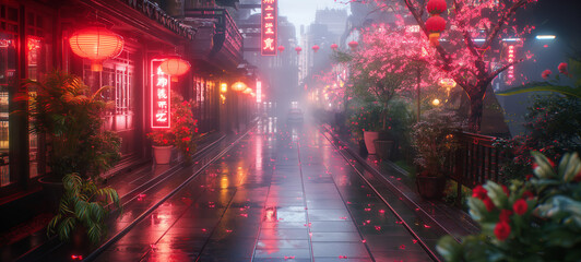 Misty night in a city with cyberpunk aesthetics, neon signs, wet pavement reflecting lights, perspective leading to a distant focal point amidst modern and traditional architecture.