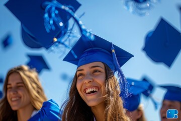 A close-up photograph of a group of cheerful students throwing graduation hats in the air, celebrating. Students are laughing and smiling, some holding certificates.