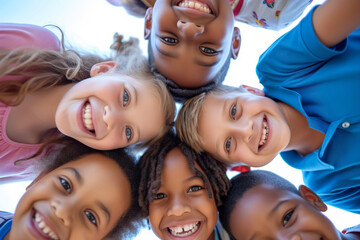 Portrait of cheerful multiracial kids looking into camera and smiling. Children of different skin...