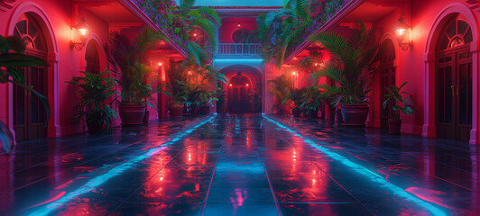 Fototapeta na wymiar Vibrant corridor in neon lights, reflecting on glossy floor, creating a mesmerizing cyberpunk aesthetic. Lush greenery and arches add an enigmatic touch.
