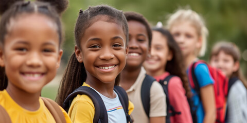 Group of divergent multiracial children in school yard on sunny day. Kids with backpacks on first day of school. Classmates having good time together after lessons.