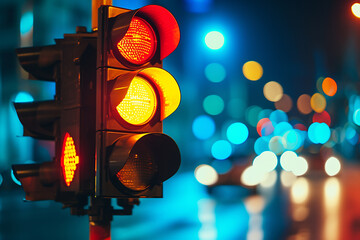 A city crossing with a semaphore. Red and yellow light in semaphore on bokeh street background