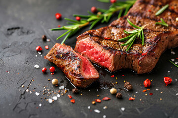 Juicy Steak With Fresh Herbs Resting on a Black Surface