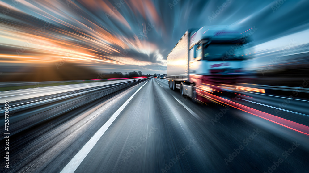 Wall mural a sleek, modern truck speeding down the autobahn, captured with a motion blur effect to accentuate i