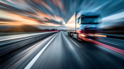 Fototapeta na wymiar a sleek, modern truck speeding down the autobahn, captured with a motion blur effect to accentuate its high velocity