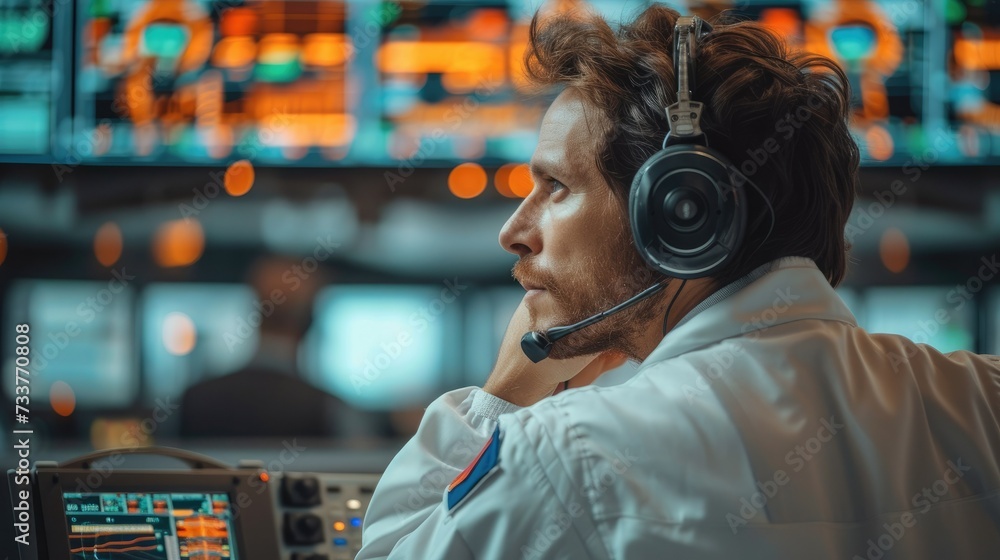 Aufkleber engineer with headset in a launch control room, staring at screens a launch that about to happen, st