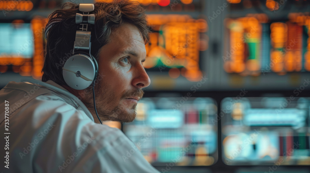Aufkleber engineer with headset in a launch control room, staring at screens a launch that about to happen, st