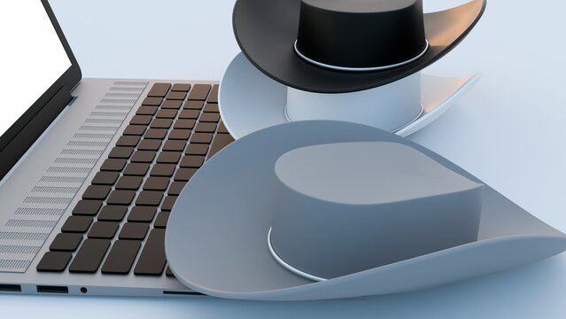 3D Rendering of white hat, grey hat and black hat and laptop
