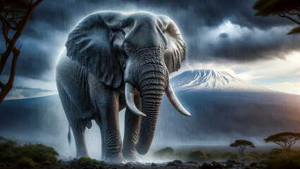 Majestic Bull Elephant in front of Mount Kilimanjaro Amid Rainstorm