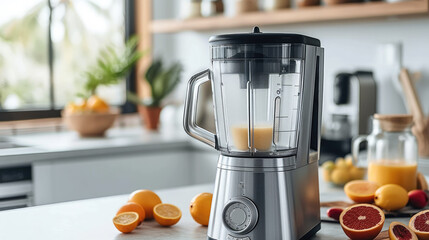 A modern silver drink blender on a kitchen island in a white kitchen. Generative AI.