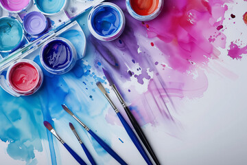 Table with watercolor paints and painting paper sheet in the center, brushes and art supplies, top down view.