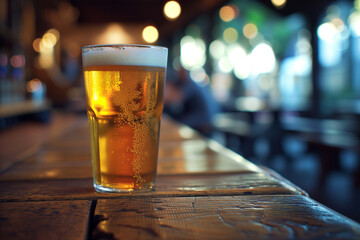 beer in a glass in a bar on a blurred background