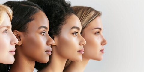 Profiles of four beautiful women with different skin tones, on plain solid background. Diversity,...
