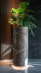 Tropical plant in vase on black marble wall background .
