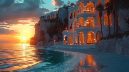 A villa on the beach during a sunset, luxury home. Generative AI.