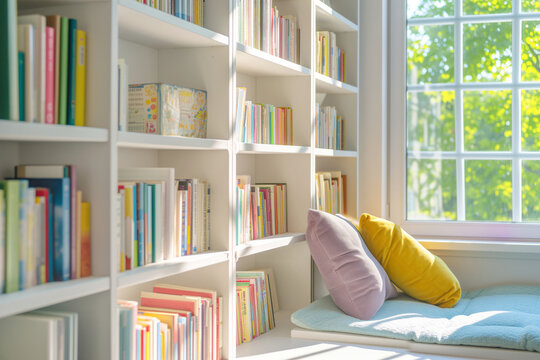 White wooden bookshelves filled with colorful children's books. Interior and design of modern bright and spacious children's room with big window and cozy pillows.