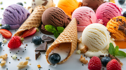  ice cream in pastel colours served in wafers with a variety of fruits and toppings.  AI generative.